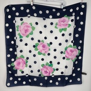 Liz Sinclair Womens Square Scarf White Navy Blue Polka Dots Pink Floral Italy